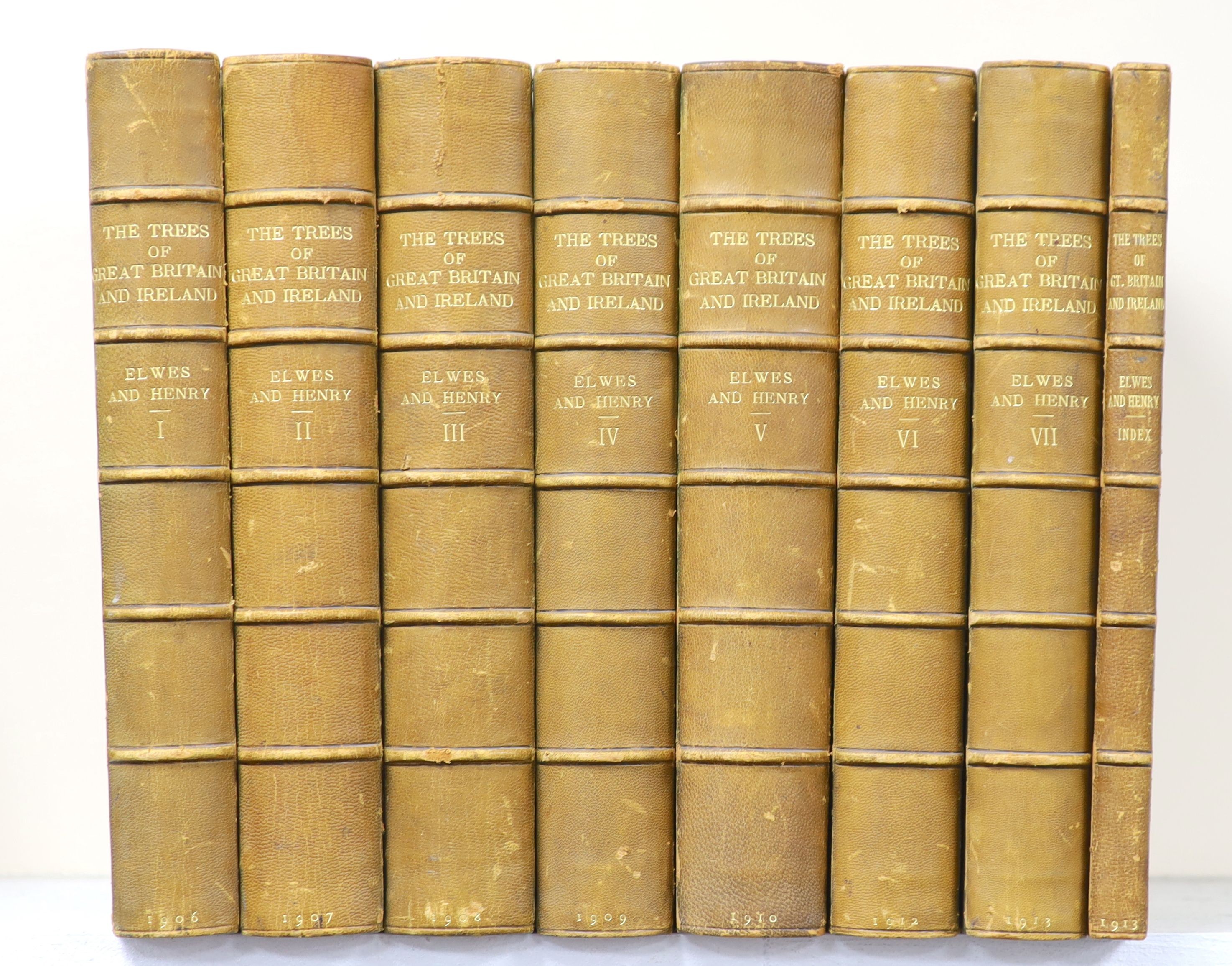 Elwes, Henry John and Henry, Augustine - The Trees of Great Britain and Ireland, 8 vols including index, contemporary green half morocco, spines faded, 7 colour titles, 412 plates, bookplate of Edward Hudson, Lindisfarne